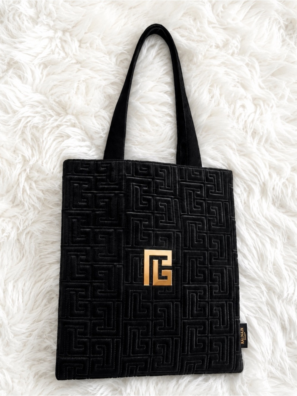 Balmain Beauty Large Black Velvet Quilted Tote Bag with Gold Logo